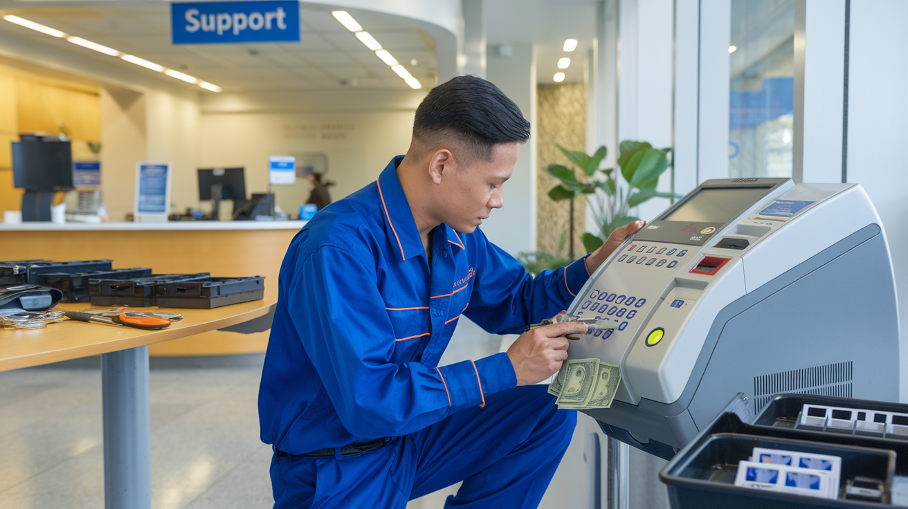 Create a realistic image of a Filipino technician in a blue uniform performing maintenance on a currency counting machine in a well-lit office setting, with spare parts and tools neatly arranged on a nearby table, and a customer service desk visible in the background with a "Support" sign hanging above it.