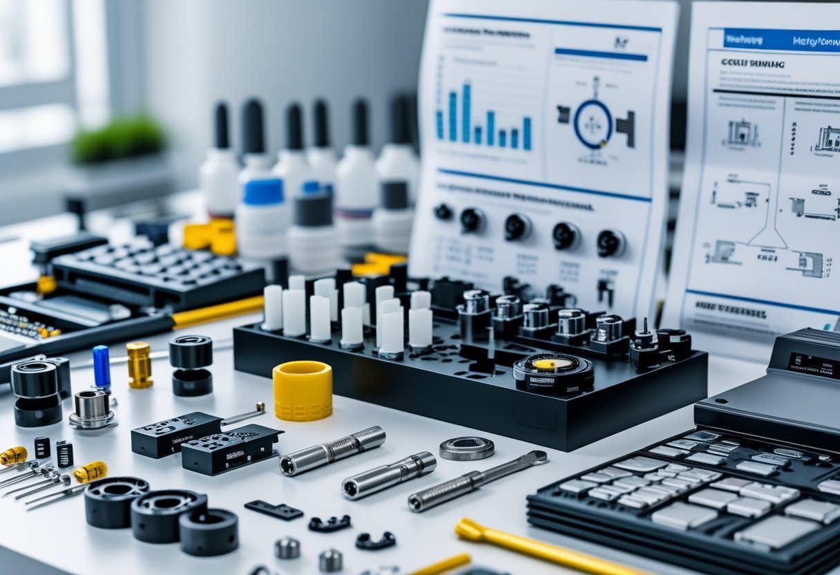 A workspace with repair tools and parts for money counting machines alongside open technical manuals.