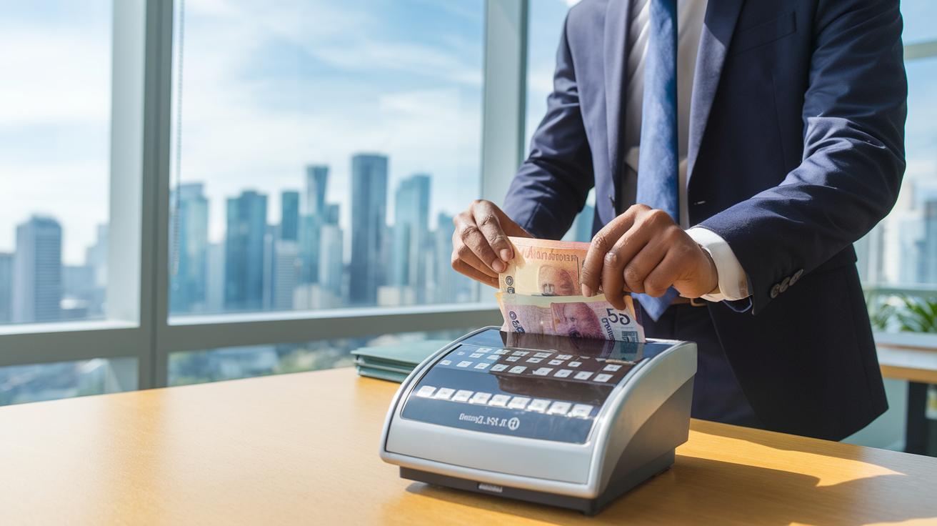 Create a realistic image of a Filipino businessman in a suit examining a currency counting machine on a desk in a well-lit office, with Philippine peso bills visible, and a backdrop of Manila's skyline through a large window, conveying a sense of affordability and local context.