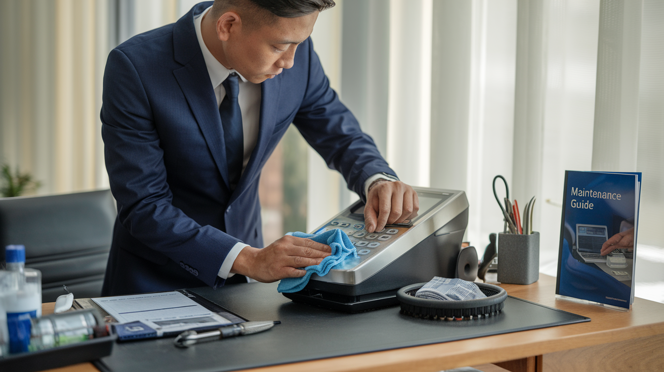 Create a realistic image of a Filipino male banker in a crisp suit carefully cleaning a money counter machine with a microfiber cloth, surrounded by maintenance tools and cleaning supplies on a wooden desk, with a "Maintenance Guide" booklet visible nearby, in a well-lit office setting with soft natural light coming through a window.