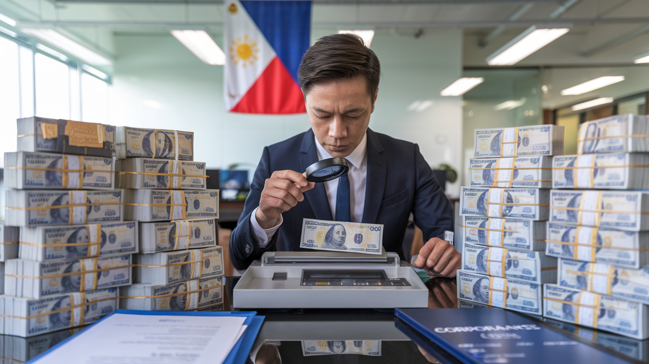 Create a realistic image of a professional Asian male banker in a suit examining a money counter machine with a magnifying glass, surrounded by stacks of Philippine peso bills, with legal documents and compliance certificates visible on a nearby desk, in a well-lit corporate office setting with a Philippine flag hanging on the wall.