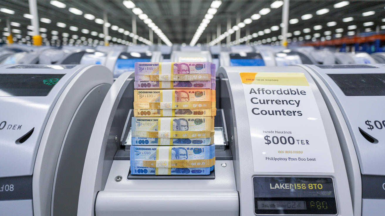 Create a realistic image of a modern currency counting machine in a Philippine peso design, displaying stacks of colorful peso bills, with a price tag showing an affordable rate in pesos, set against a background of a wholesale warehouse with rows of similar machines, and the text "Affordable Currency Counters" prominently displayed.