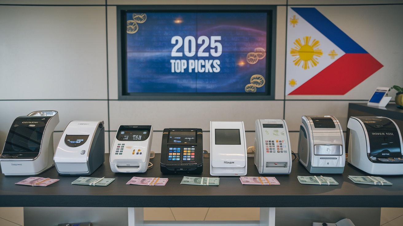 Create a realistic image of a sleek, modern office interior with 10 different money counting machines arranged on a long table, each with distinct designs and features. Filipino banknotes are visible near the machines. A digital display in the background shows "2025 Top Picks" and the Philippine flag is subtly present in the corner of the room.