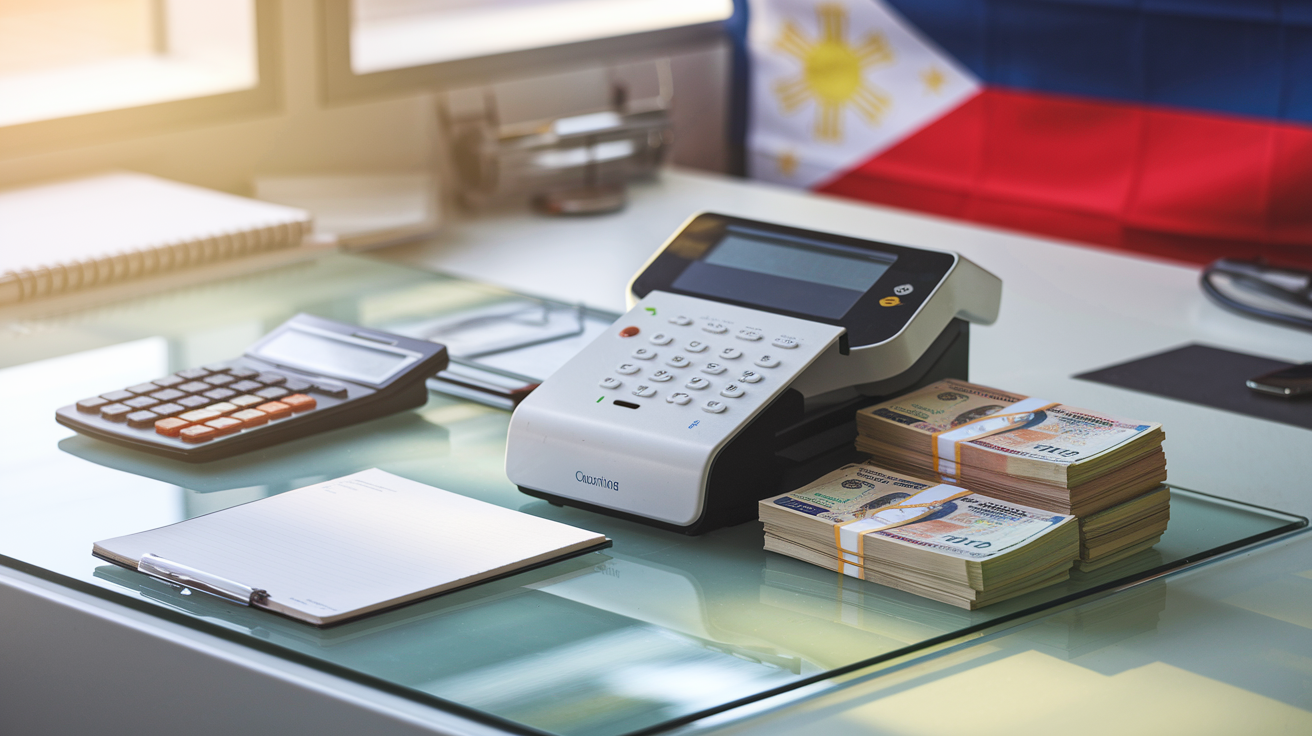 Create a realistic image of a modern currency counting machine with Philippine peso bills neatly stacked beside it, displayed on a clean office desk with a calculator and notepad nearby, soft office lighting illuminating the scene, and a subtle Philippine flag in the background to emphasize the local context.