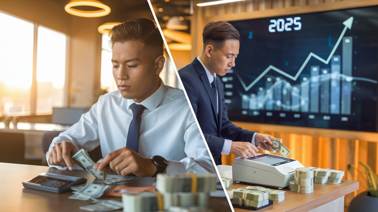 Create a realistic image of a split-screen comparison showing a Filipino businessman manually counting money on one side and efficiently using a money counter machine on the other, with a large graph in the background illustrating cost savings over time, all set in a modern office environment with warm lighting and a digital clock displaying 2025.