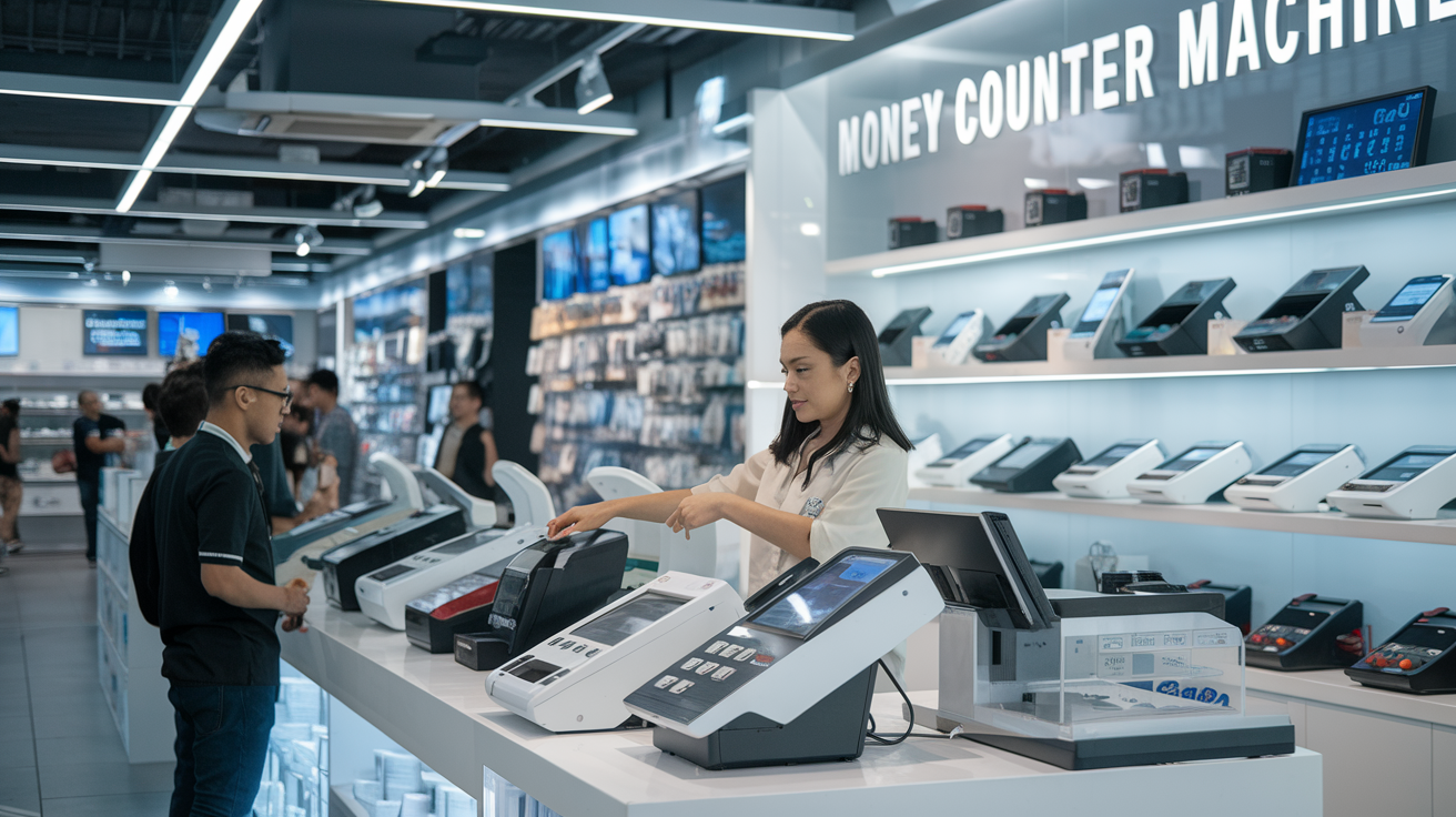 Create a realistic image of a modern Filipino electronics store interior with shelves displaying various money counter machines, a Filipino salesperson demonstrating a machine to a customer, and a prominent "Money Counter Machines" sign visible in the background, with bright overhead lighting illuminating the scene.