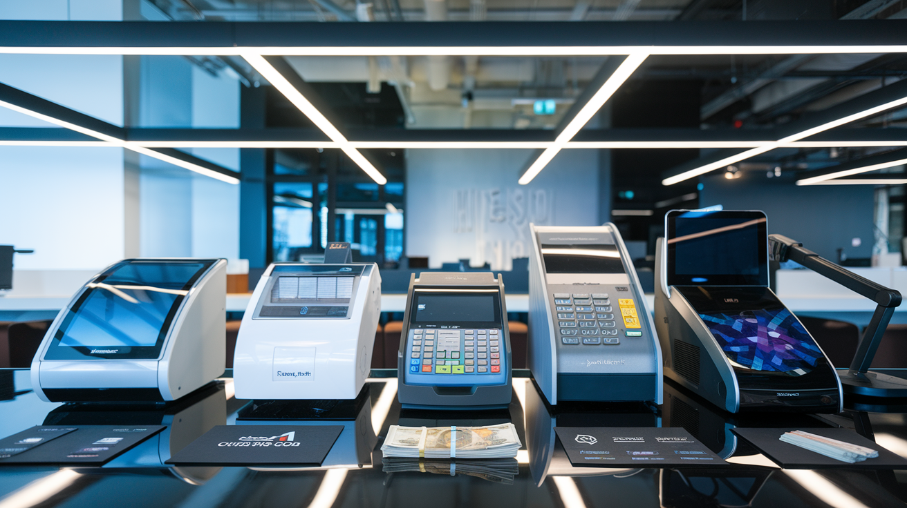 Create a realistic image of a modern office setting with diverse money counter machines tailored for different industries, including a compact model for retail, a high-capacity version for banks, and a specialized unit for casinos, arranged on a sleek display table with industry-specific logos and currency samples visible nearby, all under bright, professional lighting.